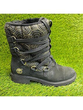 Timberland Womens Size 5 Black Gold Classic Outdoor Leather Lace Up Winter Boots